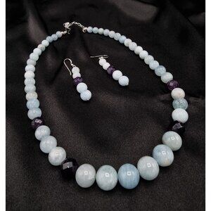 DTR Desert Rose Aquamarine & Amethyst Necklace & Earrings Set 925 Sterling Silve